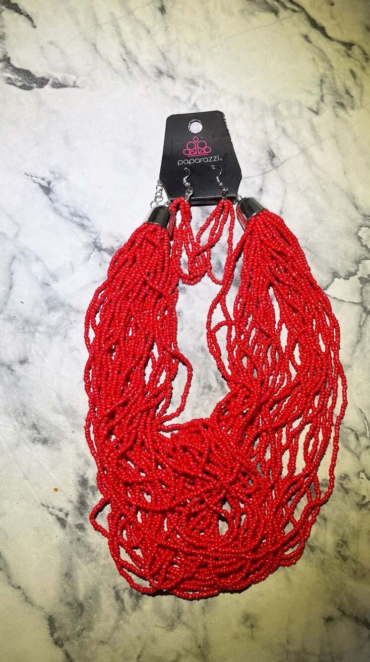 Paparazzi Red Seed Bead Multi-Strand Layered Statement Necklace and Earrings Set